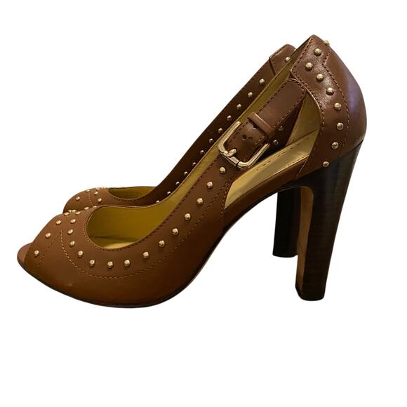 Coach (Style Q1293) Billee Golden Studded Peep Toe 4" Heels Size 9B in Brown - Picture 7 of 15